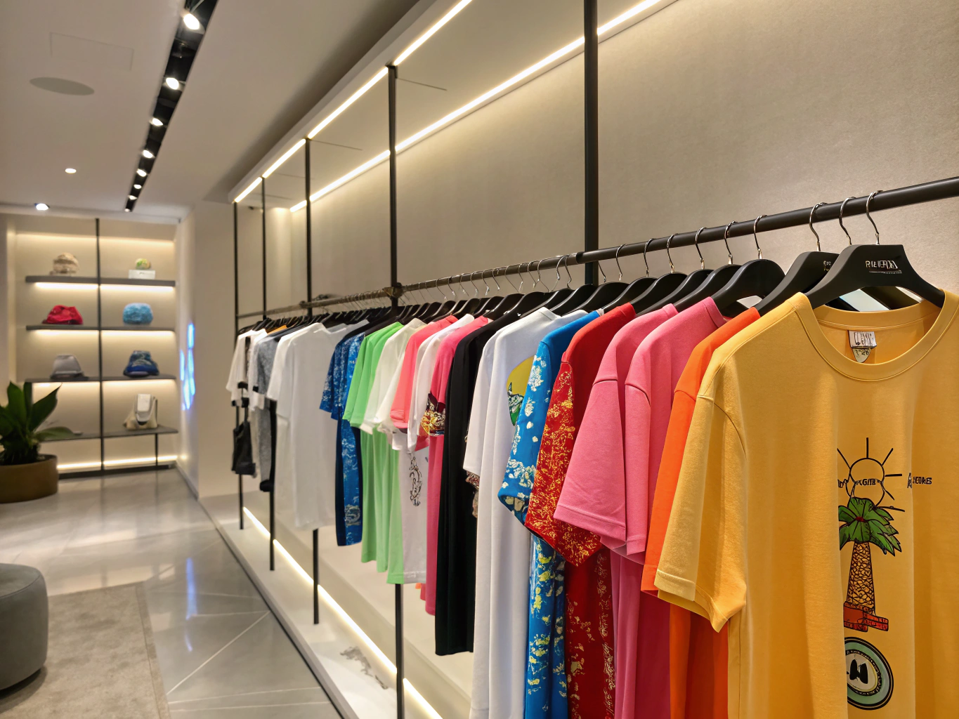 Custom printed t-shirts and hoodies hanging in B&B Family Printing studio
