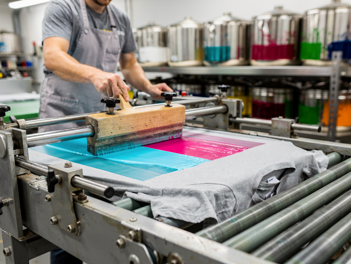 B&B Family Printing technician screen-printing custom apparel in New Jersey workshop